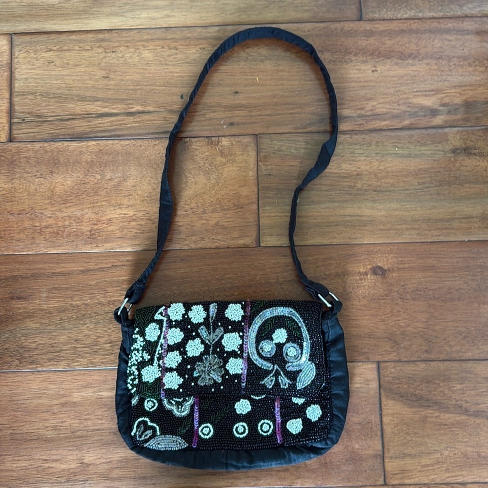 Black Silk Beaded Baguette Purse Shoulder Bag Vintage 1990s